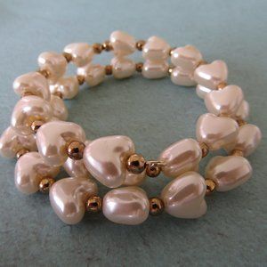 Handbeaded Pearl Heart & Goldtone Bead Memory Wire Bride Wedding Bracelet